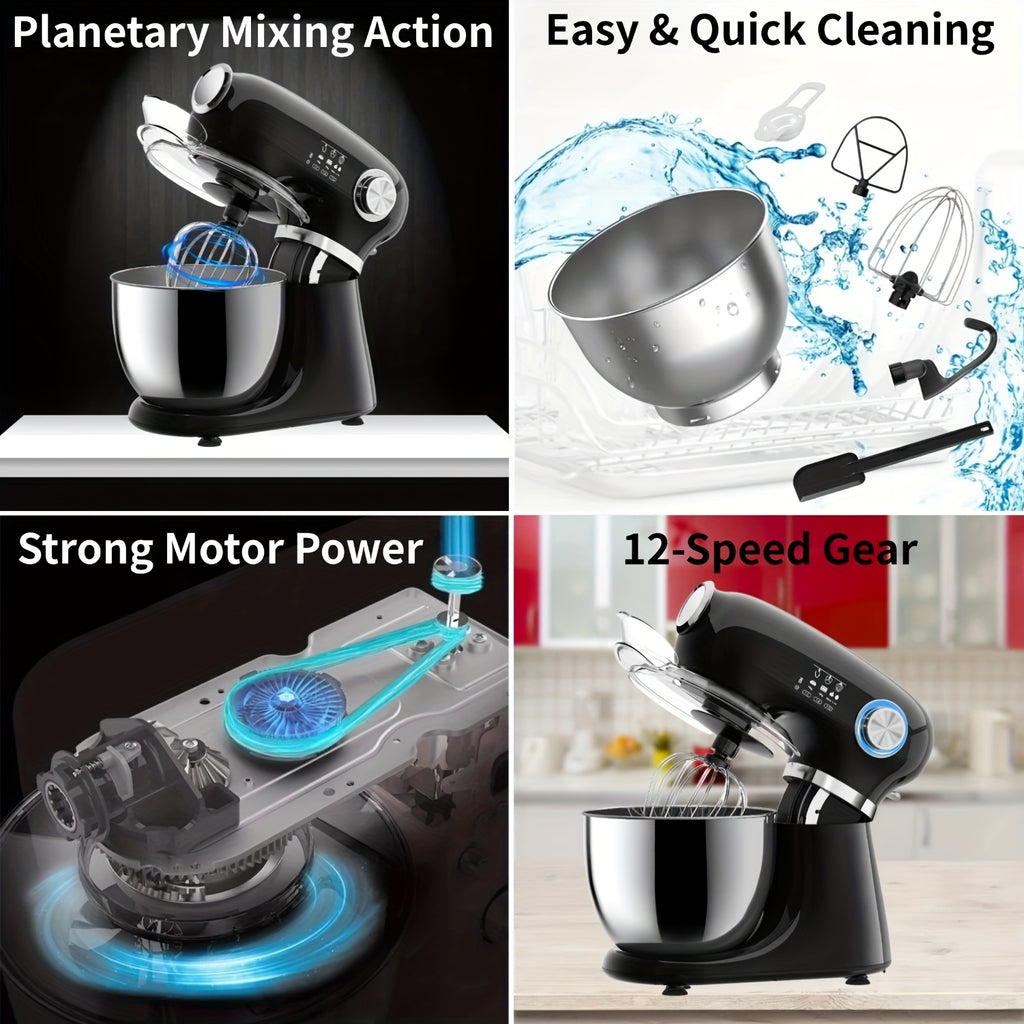 Electric Stand Mixer with Listed 350W Power, 12 Speeds and Pulse Button, Stainless Steel Bowl, Paddle, Dough Hook and Whisk in Grey, Black or Red for Home Baking