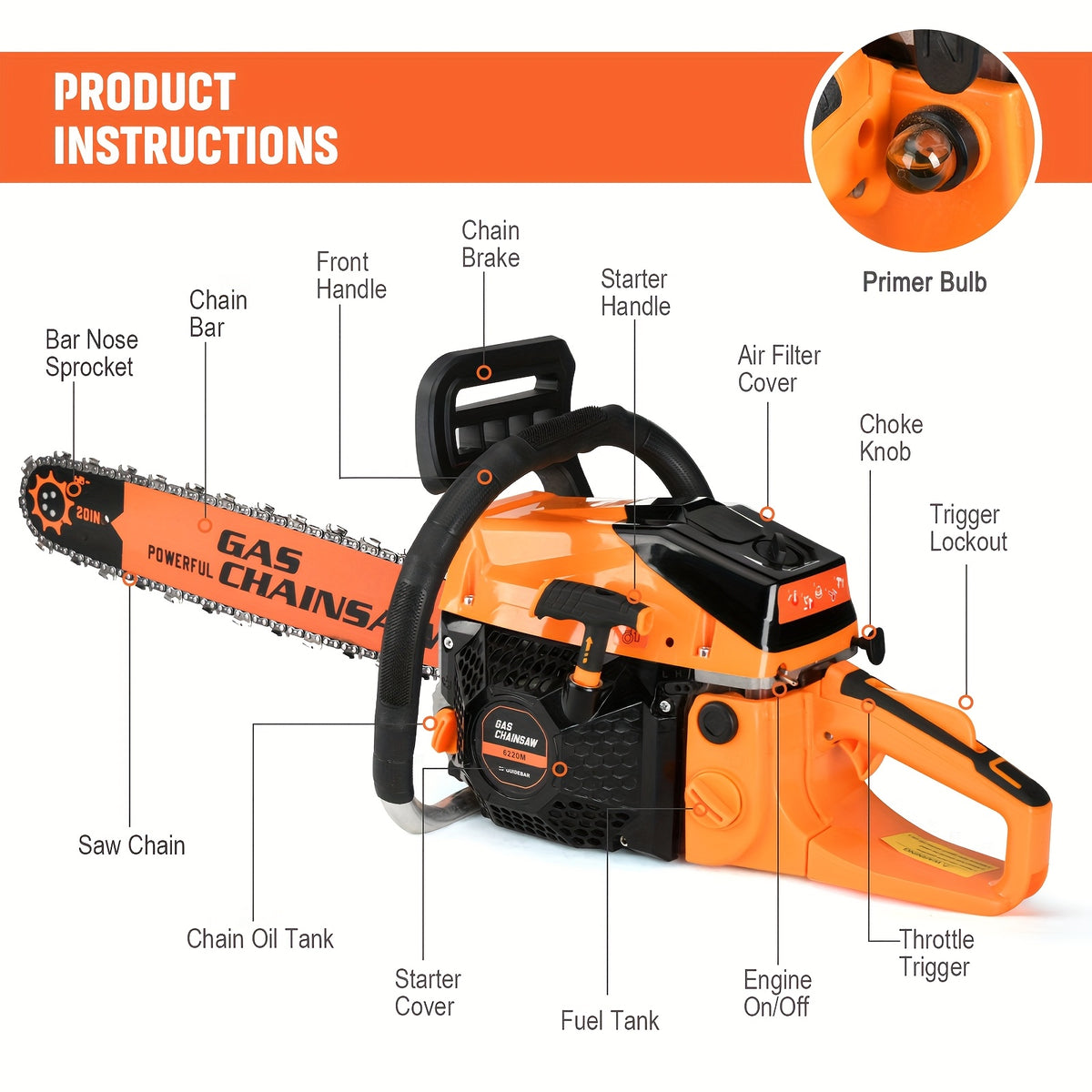 Two-Stroke Gas Chainsaw for Experienced Adult Outdoor Wood Cutting, Listed 62cc 20-Inch Red and White Model with Purple or Orange Options for Farm and Yard Projects