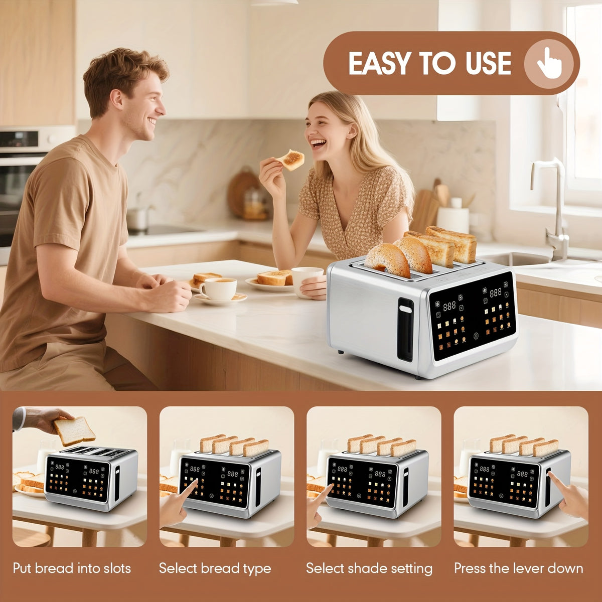 Four-Slice Digital Toaster with Listed Touchscreen, Dual Control Panels, Timer and Single-Slot Toasting, Stainless Steel Option for Bread, Bagels and Waffles