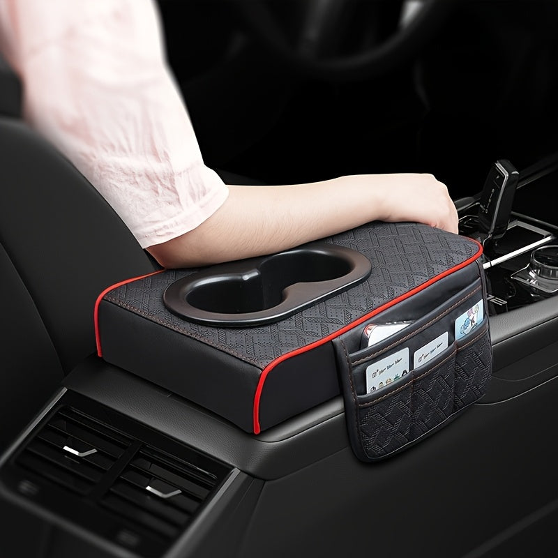 Car Armrest Storage Cover in PU Leather with Two Side Pockets and Two Cup Holders, Center Console Organizer with Tissue Bundle and Refill Options
