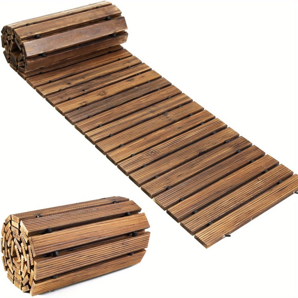 Roll-Out Wooden Garden Walkway by PIYPIY, Brown Cedar Slat Pathway with Textured Surface and Rubber Cord Connections for Backyard and Outdoor Decor