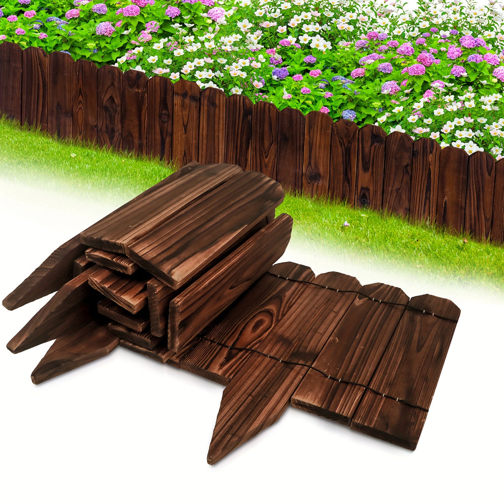Wooden Garden Edging Border with Listed 47.2-Inch Length, Wire-Connected Decorative Picket Design for Flower Bed Outlines, Curved Paths and Landscape Accents