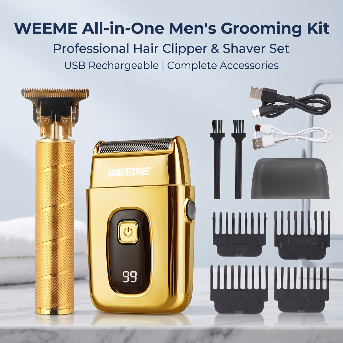 2/3/4/5pcs Hair Clippers for Men, Professional Cordless Hair Clipper Trimmer & Electric Shaver & Nose Trimmer &Body Trimmer Set, LCD Display, Barber Grooming Kit, Gift Set for Men (Gradient Golden)