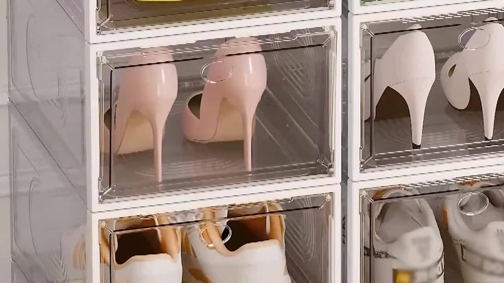 Interlocking Shoe Storage Boxes with Clear Plastic Design and Lids, Stackable Collapsible Closet Organizers in Black, White or Grey for Sneakers and Footwear