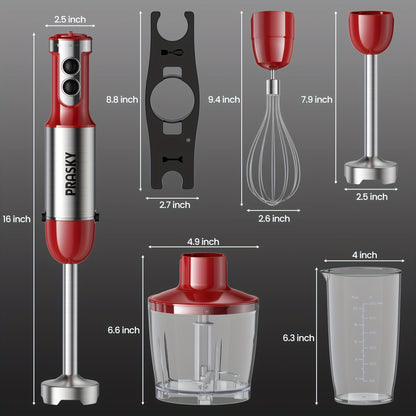 Immersion Blender Set with 5-in-1 Handheld Design, Whisk, Measuring Cups and Meat Chopper Attachments for Everyday Kitchen Prep in Red or Black