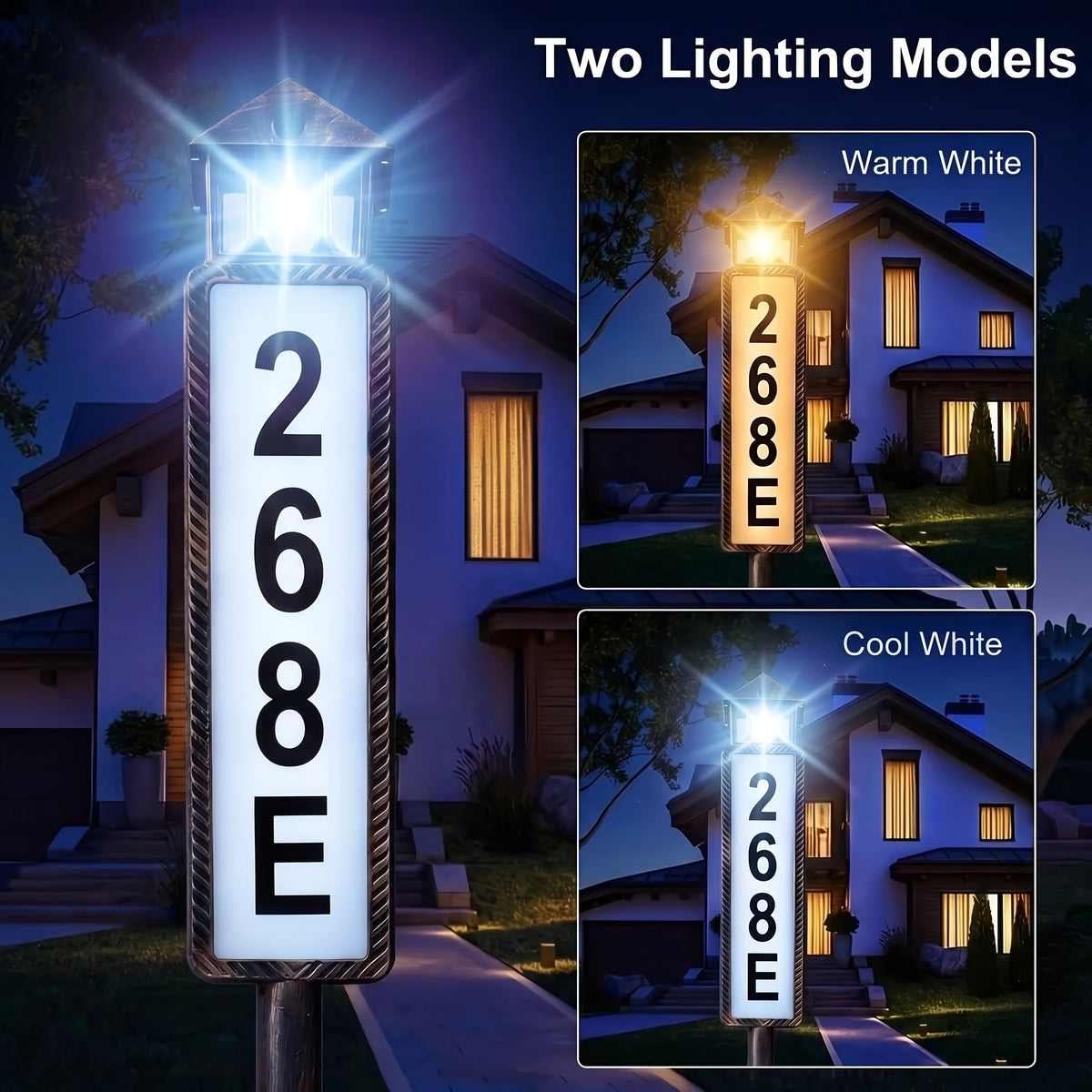 Solar LED Address Sign, House Number Display Board with Three Adjustable Color Mode Label, Black or Retro Design Options for Entryways and Courtyards