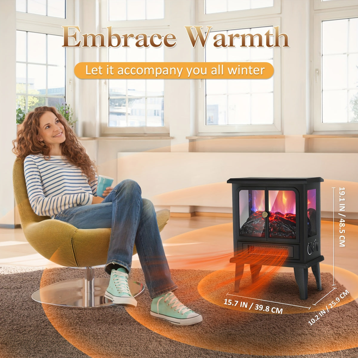 Freestanding Electric Fireplace Heater, 1500W Infrared Space Heater with 3D Flame Effect and Listed Overheat Protection for Indoor Office Warmth