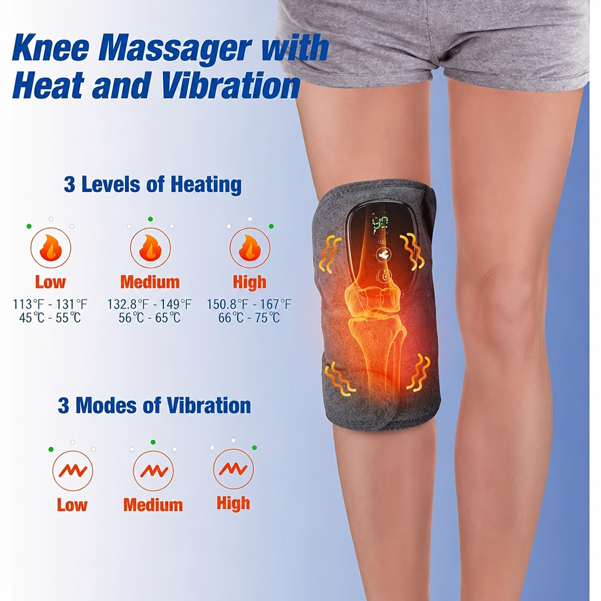 Wireless Heated Knee Massager with Vibration, Grey Button Single-Piece Pad with Listed Shoulder and Elbow Uses for Adult Home Comfort Routines