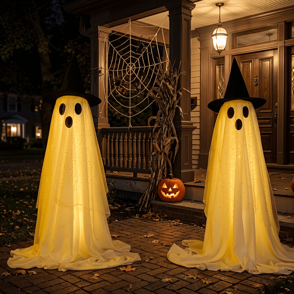 Witch Hat Ghost Decorations, Two-Piece Lighted Halloween Display Set with String Lights in White Ghost or Warm Color Options for Seasonal Home and Party Decor
