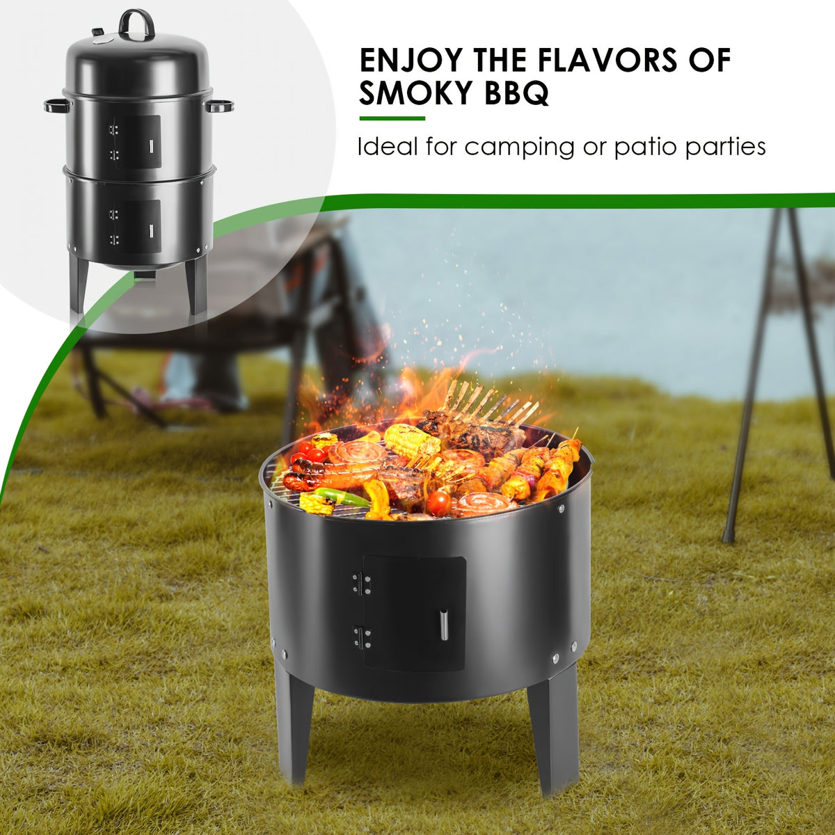 Vertical Charcoal Smoker Grill, Black 16-Inch Three-Tier Outdoor Cooker with Listed 400-Square-Inch Cooking Area and Two BBQ Tongs for Backyard Cookouts