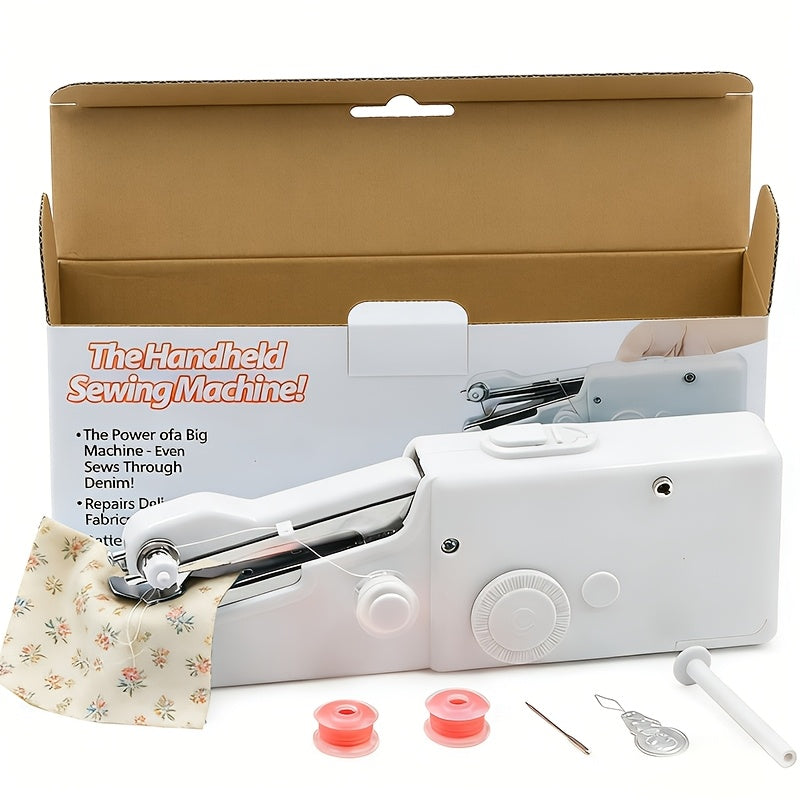 Compact Handheld Sewing Machine Kit - Portable Sewing Machine, Fast Sewing, Portable Quick Sewing Tool for Fabrics, Garments, Etc. - Battery Powered (Includes Needle, Needle Threader, Thread Spool Pin, Fabric Sample, Two Bobbins)