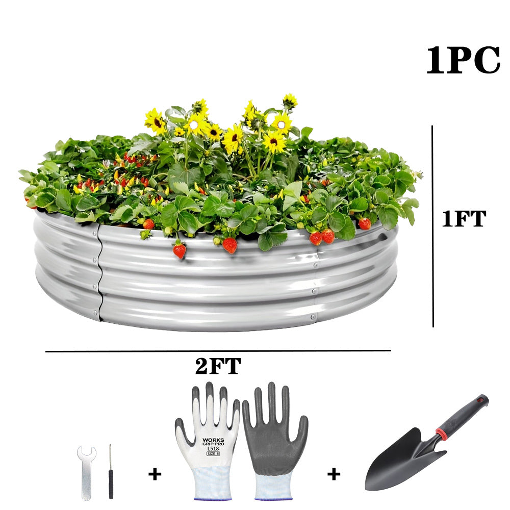 Galvanized Garden Planter Set with Listed Shovel, One or Two Metal Raised Beds with Oval or Round Design References for Outdoor Vegetable Gardening