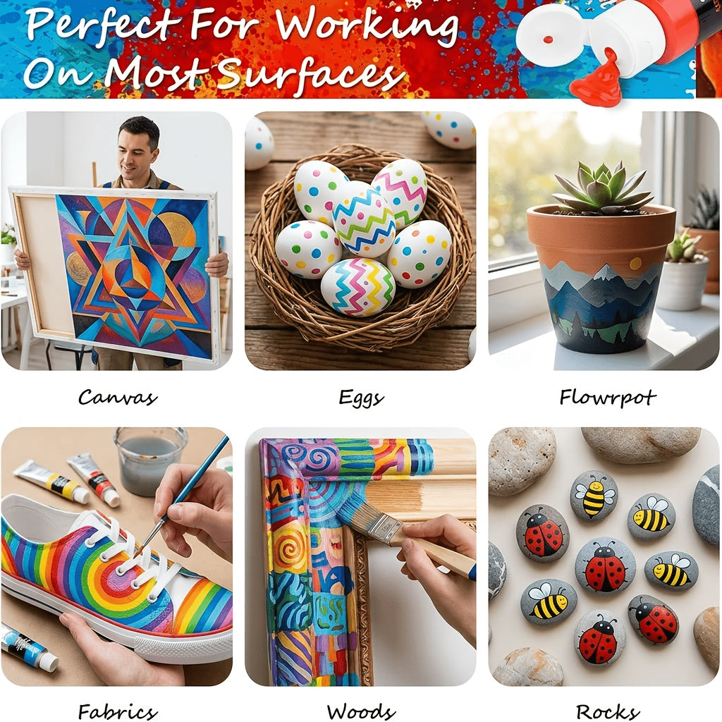 Beginner Acrylic Paint Set with 24 Colors and 12 Art Brushes, Listed 2.03 oz Option for Canvas Painting, Decorative Ceramic Projects and Fabric Crafts