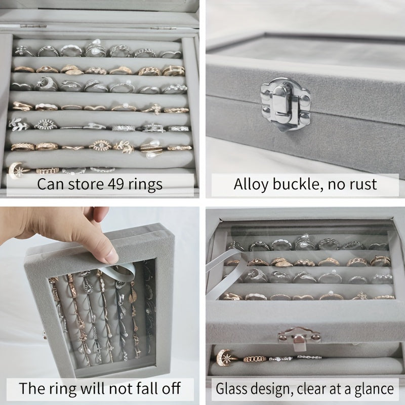49-Ring Jewelry Storage Box with Glass-Like Plastic Lid and Buckle Closure, Rectangular Ring and Earring Organizer in Gray, Pink, White or Black for Dressers