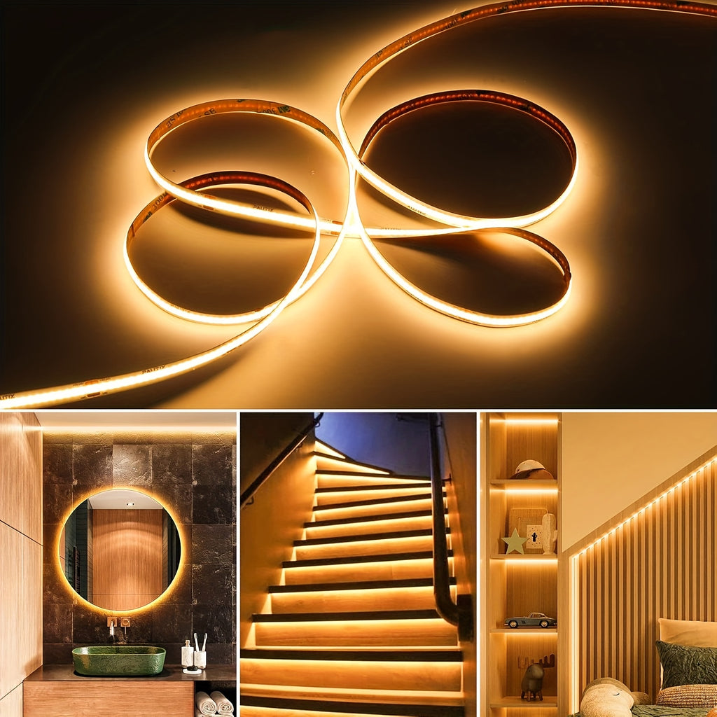 COB LED Strip Lights with Knob Dimmer, 32.8ft 24V Flexible Light Tape in White or Warm White, 8mm Width and CRI92+ for Cabinets, Shelves and Bedroom Accents
