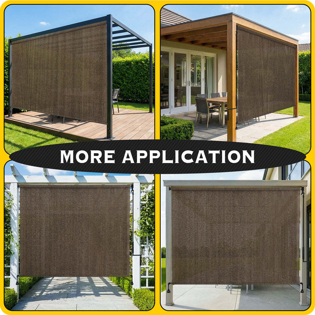 Outdoor Roller Shade in Gray or Mocha, Cordless Roll Up Patio Blind with 220GSM HDPE Fabric, One-Piece Panel and Seven Sizes for Porch, Deck and Balcony