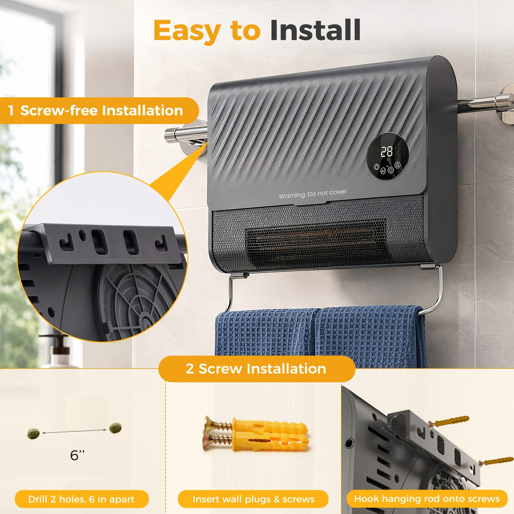 Remote-Control Wall Heater with Listed 1500W Heating, Three Fan Speeds and Overheat Protection, White or Gray Panel Design for Supplemental Indoor Warmth