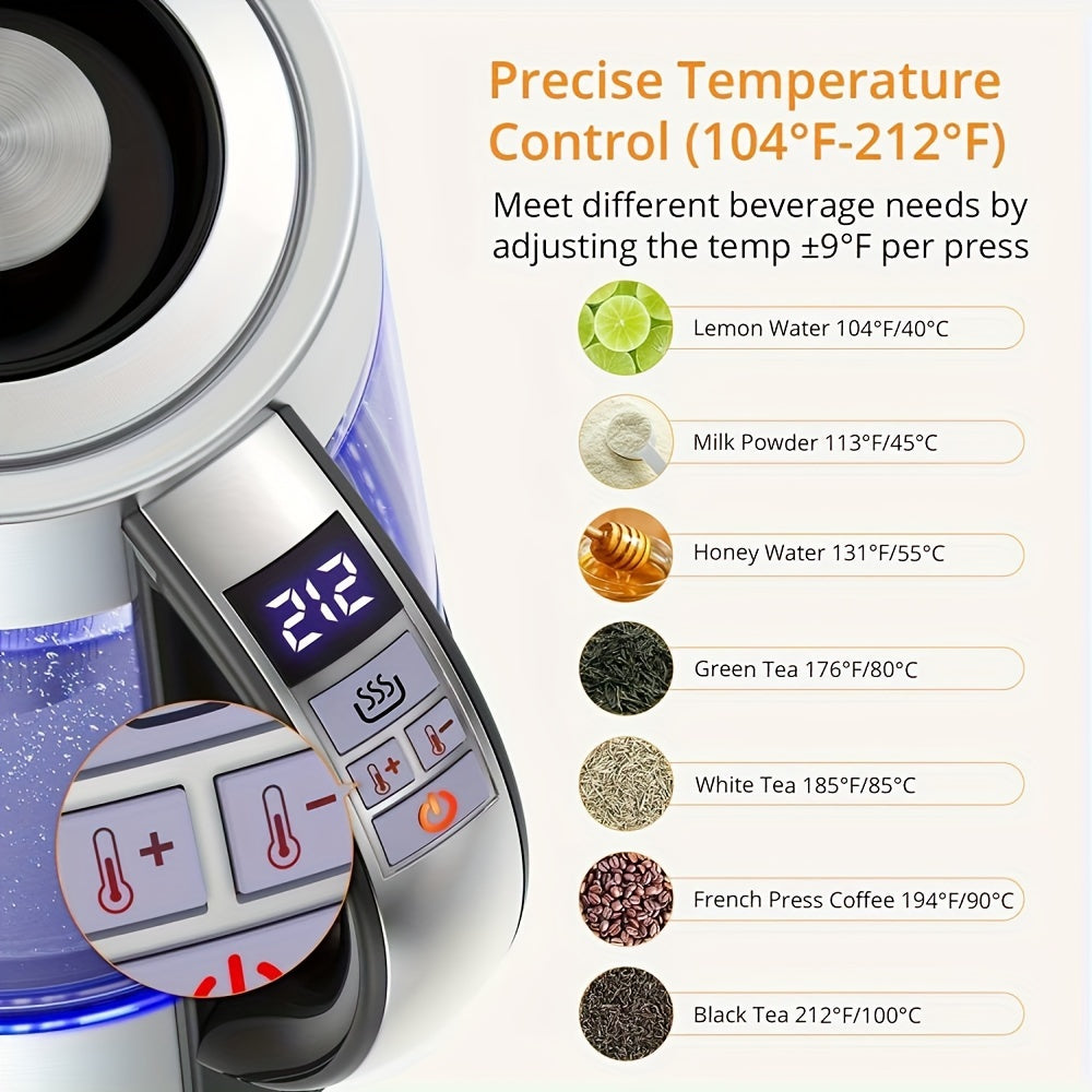Temperature Control Glass Kettle, 1.8L Electric Tea Kettle with 12 Listed Settings, 24-Hour Keep-Warm Reference and Included Tea Infuser for Beverage Preparation