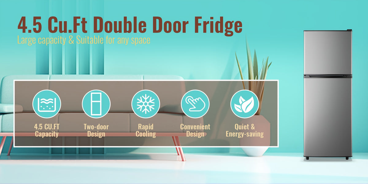 Compact Fridge Freezer by WANAI, Double-Door 3.5 or 4.5 Cu Ft Options with Seven-Level Thermostat, Removable Shelves and Listed LED Light for Apartment and Office
