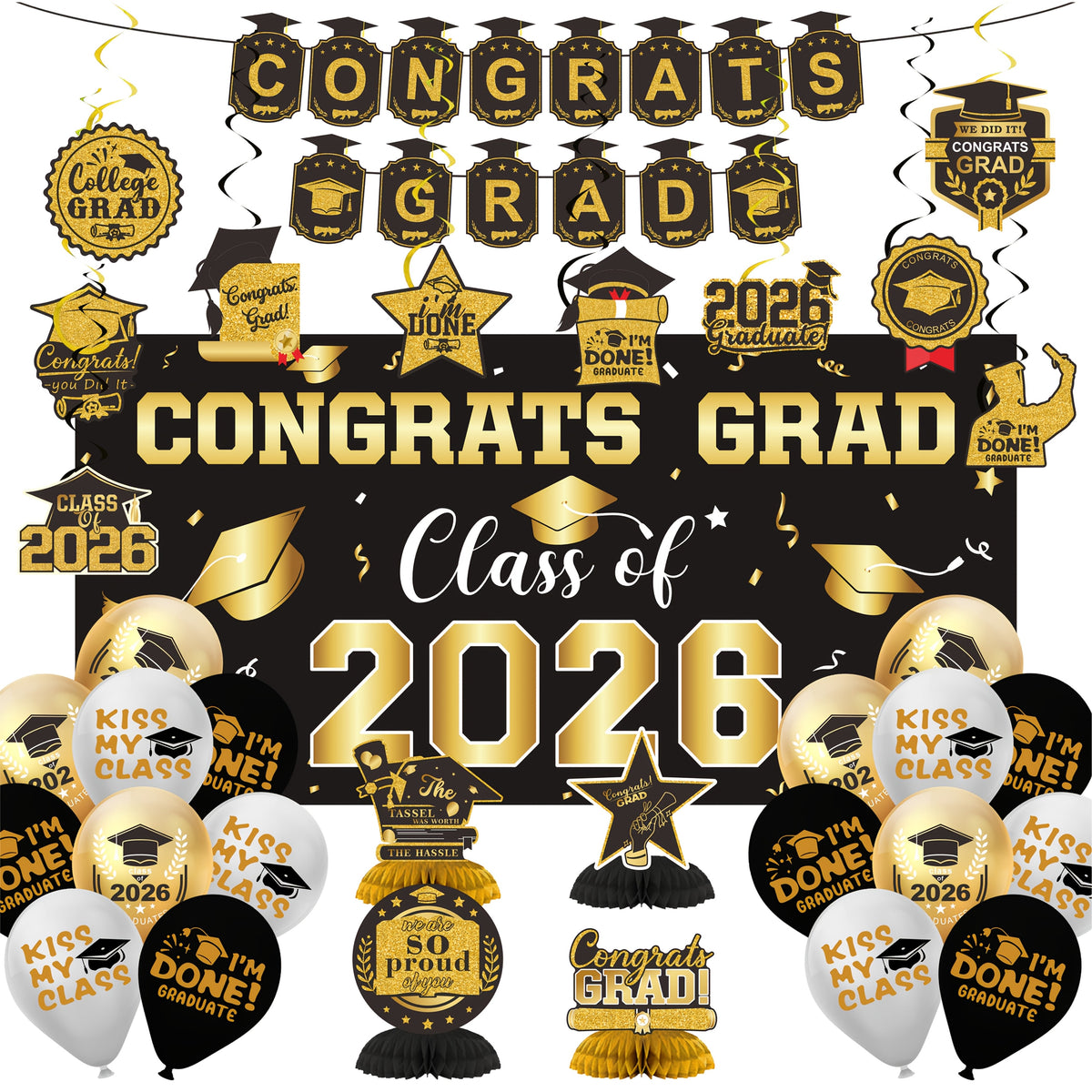 Graduation Party Decorations Class of 2026 Set with Backdrop Banner, Hanging Swirls, Balloons and Honeycomb Decor for Home Celebrations