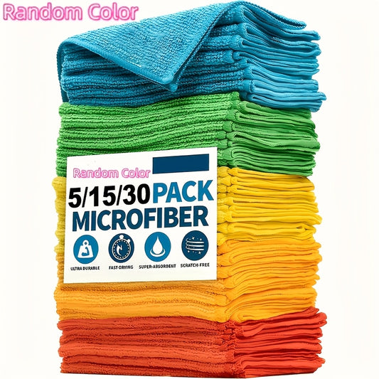Multipurpose Microfiber Cleaning Cloth Pack with 5, 15 or 30 Pieces in Random Solid Colors for Kitchen, Bathroom, Furniture and Everyday Home Wiping