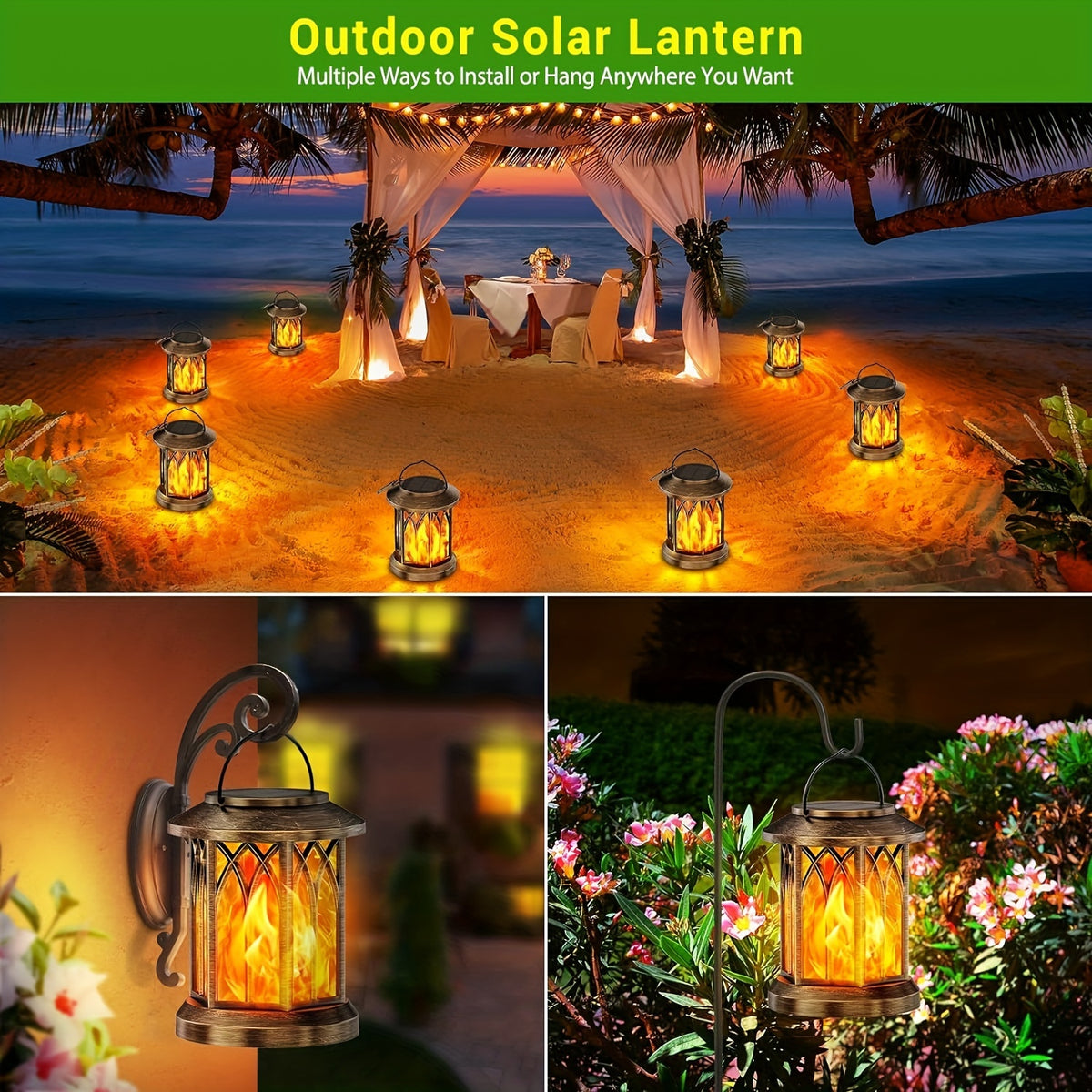 Flickering Flame Solar Hanging Lanterns, Black or Bronze 2-Pack and 4-Pack with Automatic On and Off and Listed IPX5 Rating for Garden and Patio Decor