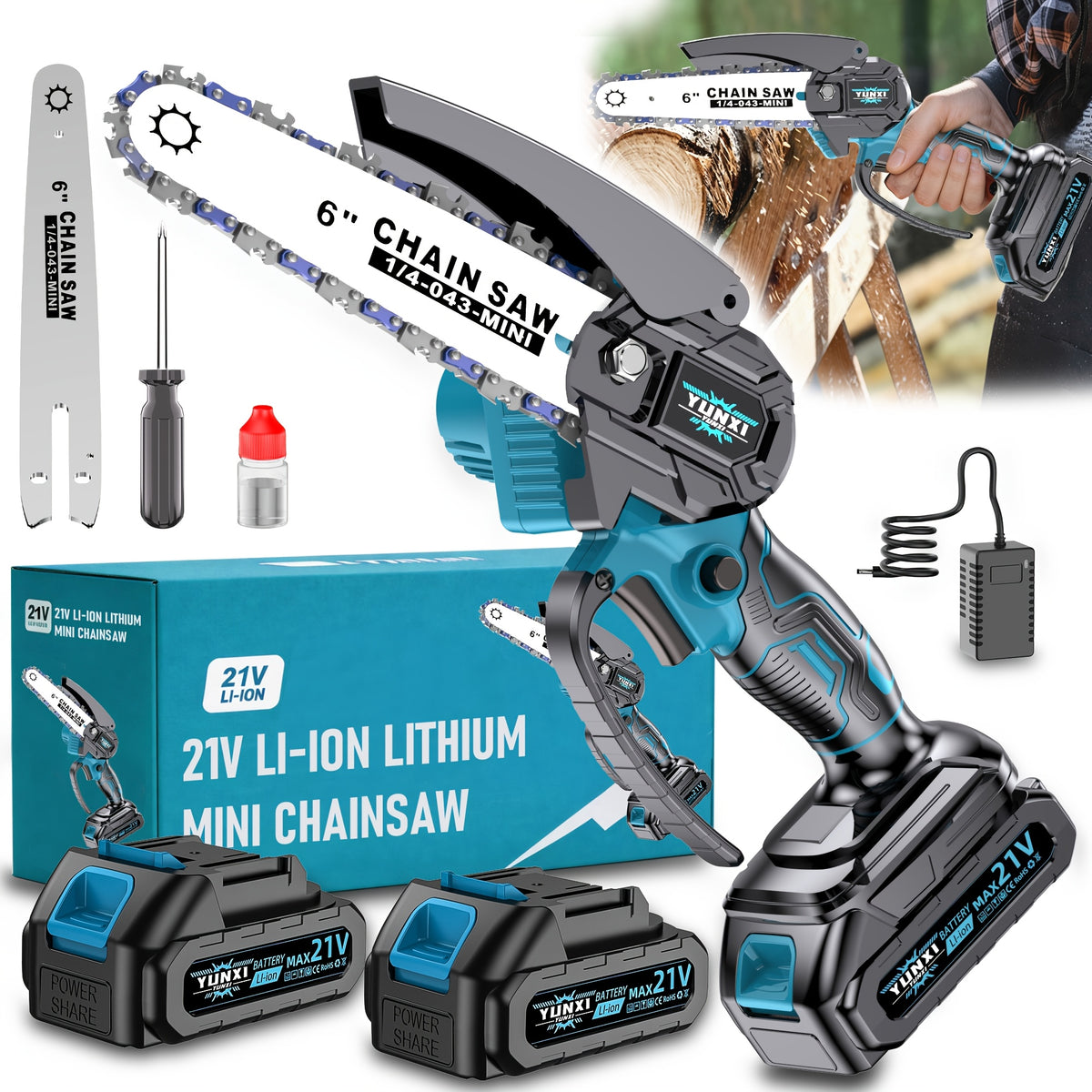 Battery Powered Mini Pruning Chainsaw with Listed Safety Lock, Portable Wood Cutting Tool with One or Two Battery Package Options for Outdoor Garden Maintenance
