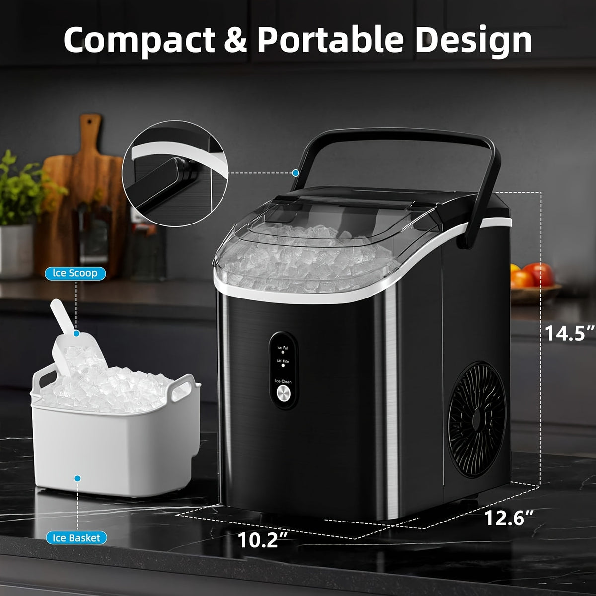 Kitchen Countertop Ice Machine with One-Click Operation and Self-Cleaning, Black Nugget or White, Black and Purple Bullet Ice Maker Options