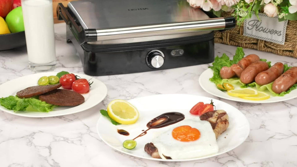 Temperature Control Panini Press Grill by OSTBA, 1200W Sandwich Maker with Nonstick Plates, 180-Degree Opening and Removable Drip Tray for Indoor Cooking