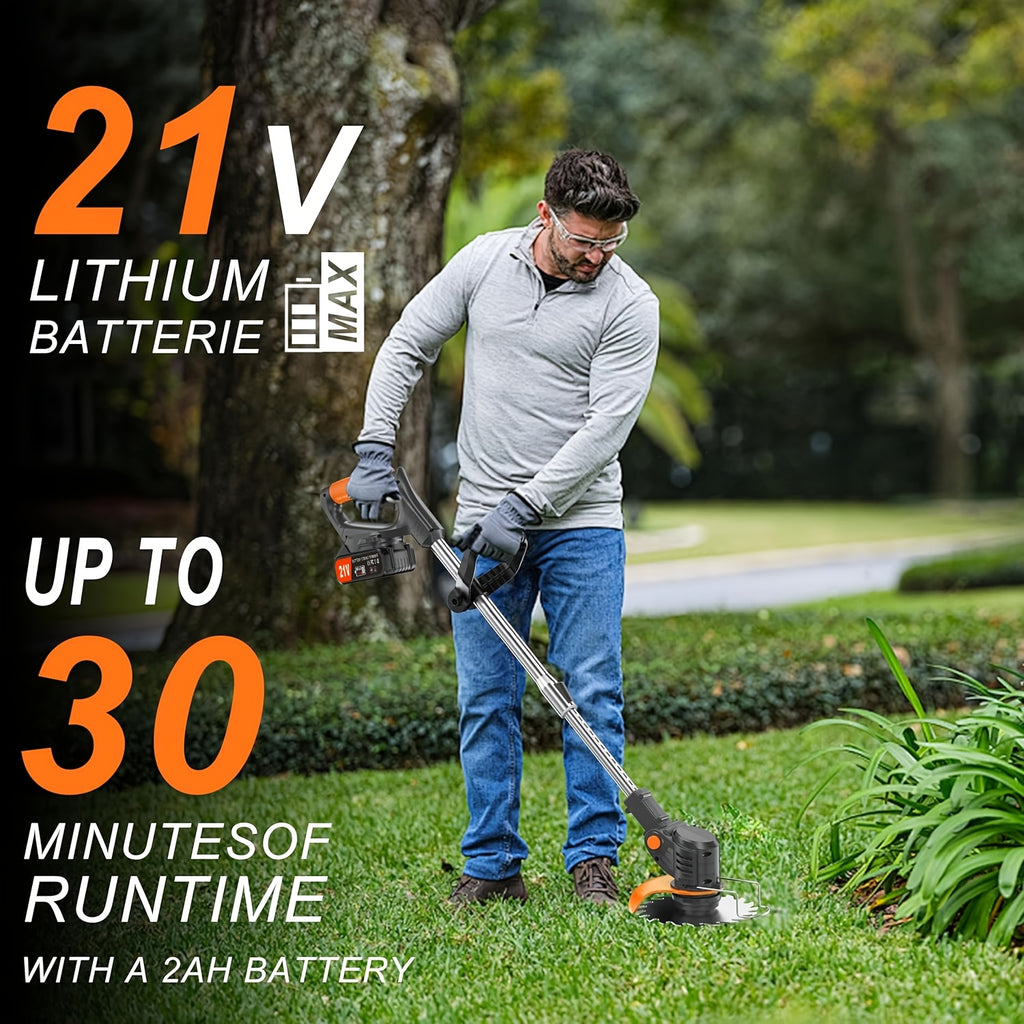 Foldable Cordless Weed Trimmer with Listed 21V Power and Two Lithium Batteries, Handheld Electric Grass Cutter in Four Color Options for Home Garden Maintenance