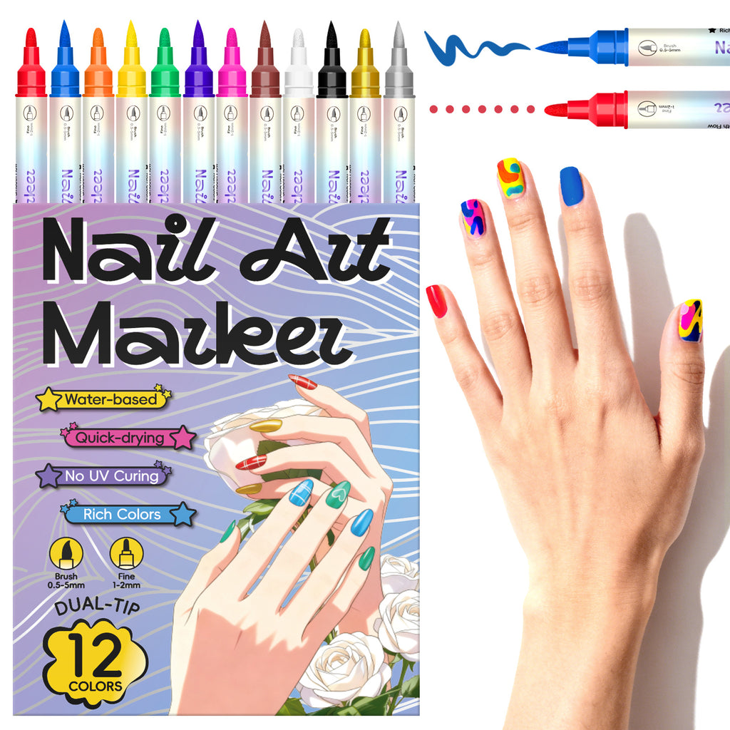 Dual-Tip Nail Art Markers 24-Piece Set, 12 Metallic and 12 Dopamine Color Acrylic Paint Pens for Graffiti-Inspired DIY Manicure Designs at Home or Salon