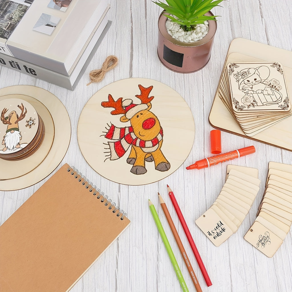 Wooden Craft Blanks in Round, Square and Heart Shapes, 130pcs or 65pcs with Twine Options for DIY Painting, Personalized Gift Accents and Wedding Decor