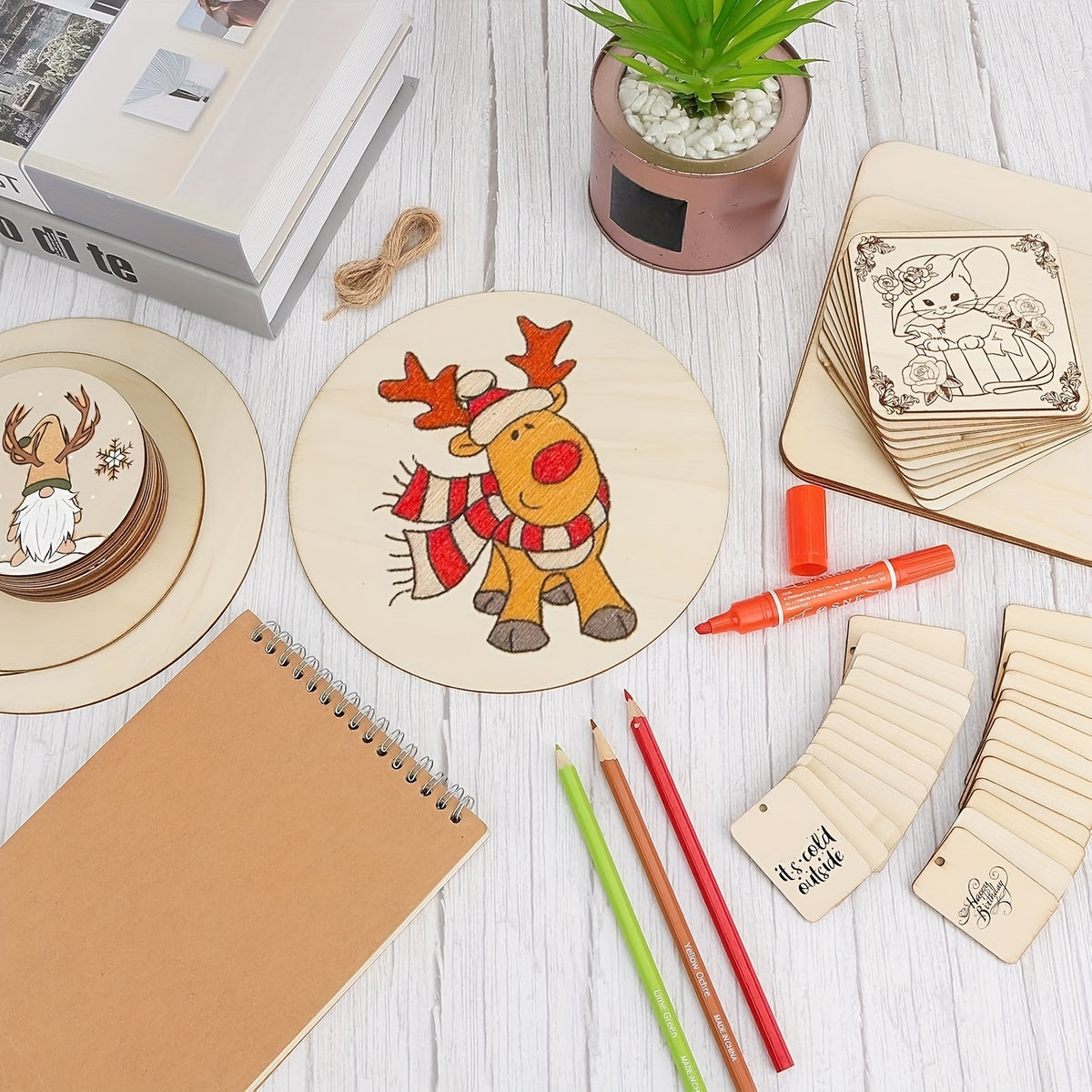 Wooden Craft Blanks in Round, Square and Heart Shapes, 130pcs or 65pcs with Twine Options for DIY Painting, Personalized Gift Accents and Wedding Decor