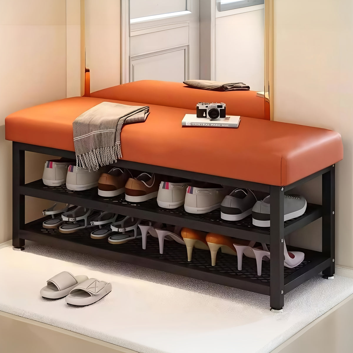 Shoe Storage Bench with Soft Seat Cushion, Metal Frame and Multi-Compartment Design in Grey or Orange, 24 or 32 Inch Model Labels for Entryway Organization