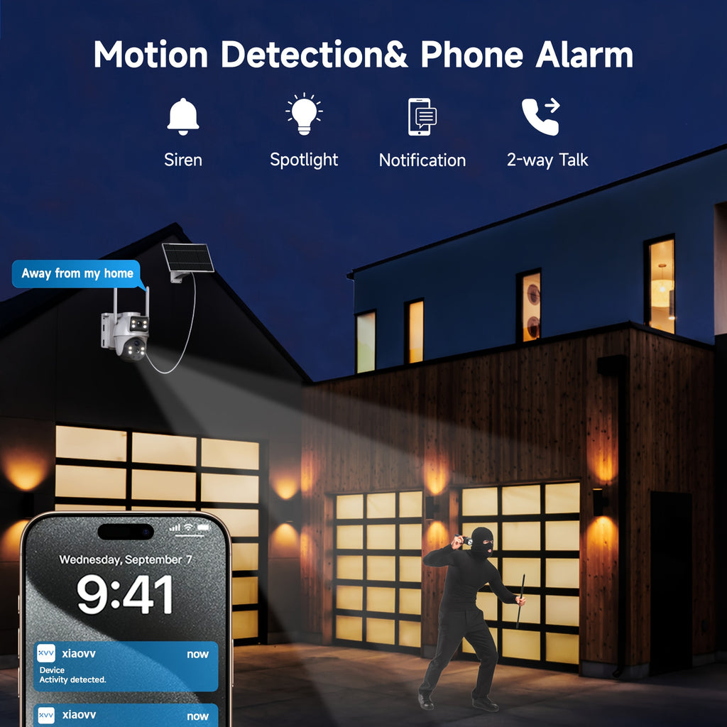 Solar WiFi Security Camera with Dual Lenses, Listed 4K and 360-Degree PTZ, 2.4GHz Outdoor Monitor with PIR Alerts, Color Night Vision and Two-Way Audio