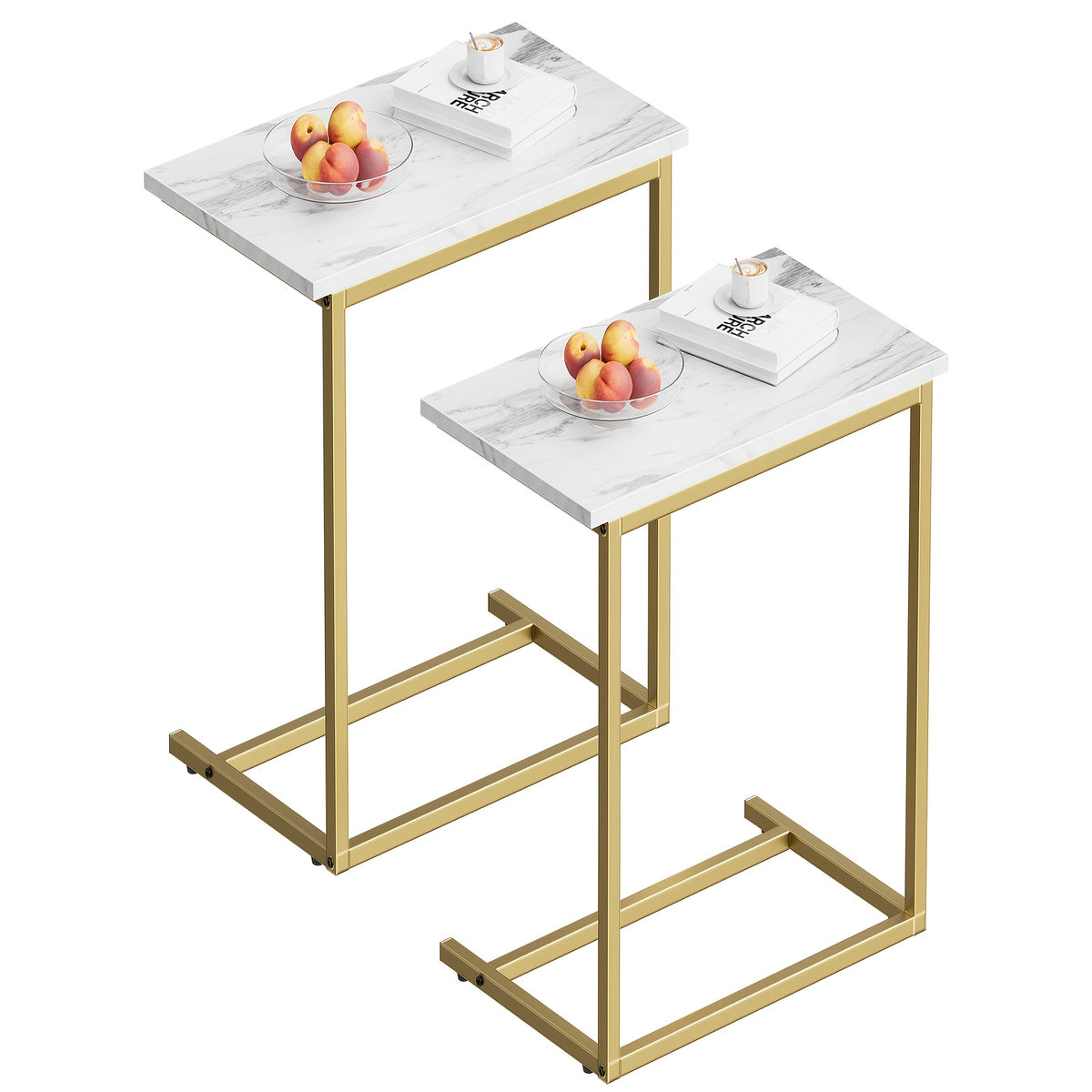 C-Shaped Sofa Side Table with Metal Frame, Marble-Pattern, Gray or Brown Options for Living Room Seating, Bedroom Essentials and Home Office Surface Space