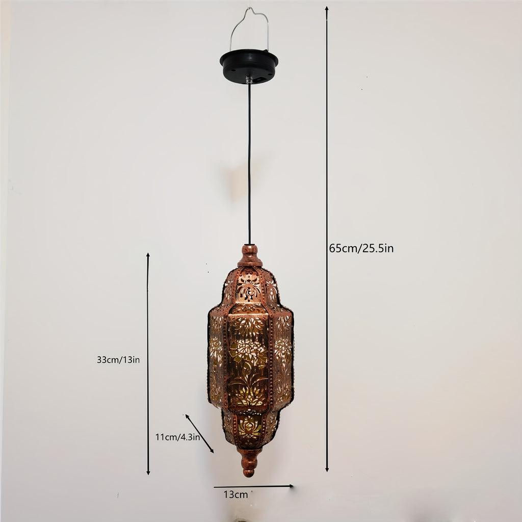 Hexagonal Solar Hanging Lantern, Moroccan-Inspired Hollow Iron Garden Light with Floral Pattern Projections and Automatic Night Lighting for Patio and Porch Decor