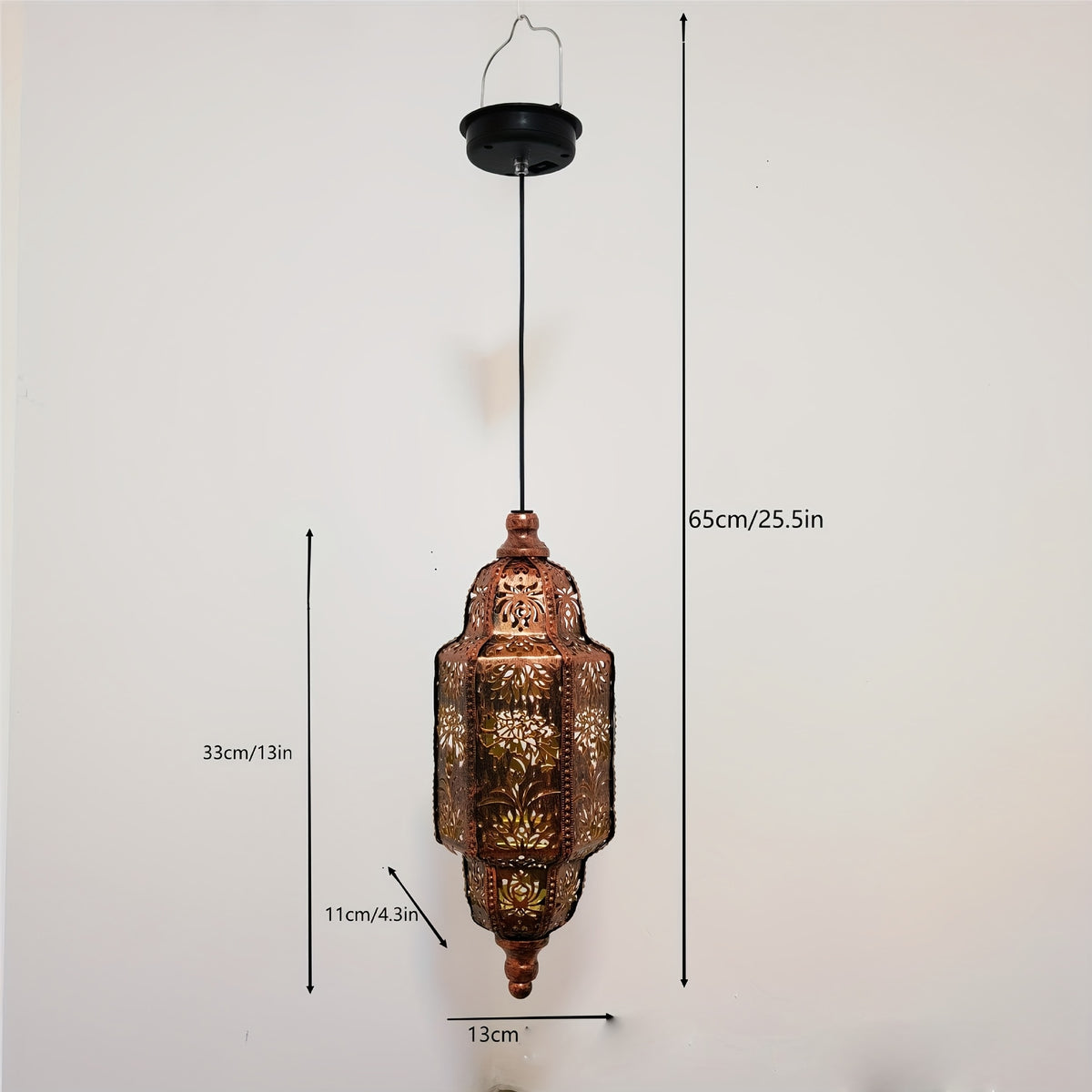 Hexagonal Solar Hanging Lantern, Moroccan-Inspired Hollow Iron Garden Light with Floral Pattern Projections and Automatic Night Lighting for Patio and Porch Decor
