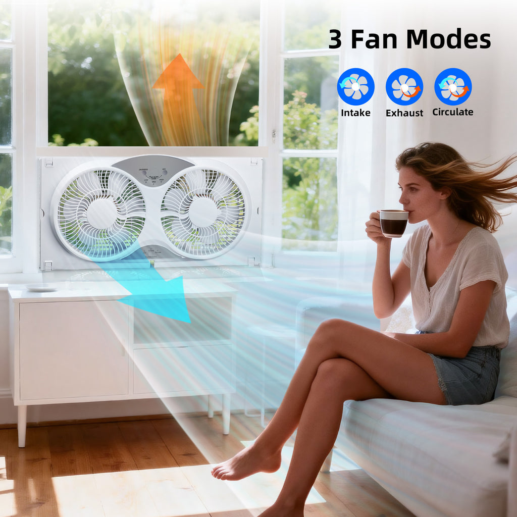 Twin Window Fan with 9-Inch Design, Reversible Airflow and Three Speeds, Listed 23.8-37 Inch Expandable Width with Remote or Timer Options for Home Bedrooms