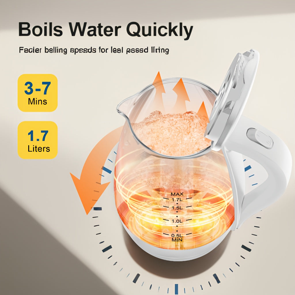 Blue LED Glass Electric Kettle with Listed 1.7L Capacity and 1200W Heating, Angled Pouring Spout, Auto-Shutoff and Boil-Dry Protection for Tea and Hot Water