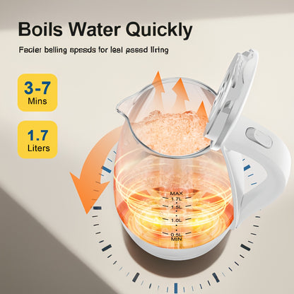 Blue LED Glass Electric Kettle with Listed 1.7L Capacity and 1200W Heating, Angled Pouring Spout, Auto-Shutoff and Boil-Dry Protection for Tea and Hot Water