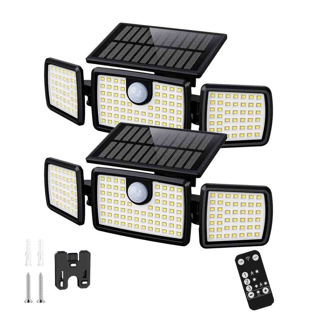 Solar Outdoor Motion Sensor Lights with Remote-Control Options, Two-Piece Pack or Upgraded Four-Head Single Light for Yard, Patio and Garage Exteriors