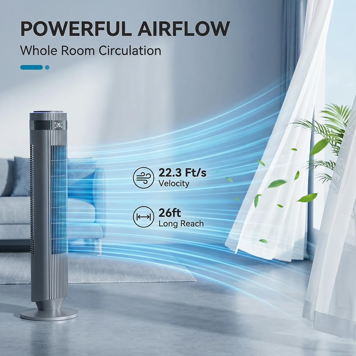 DC Motor Tower Fan with Remote Control, Bladeless Standing Fan with 5 Speeds, 4 Modes and 12-Hour Timer for Bedroom, Living Room and Home Office