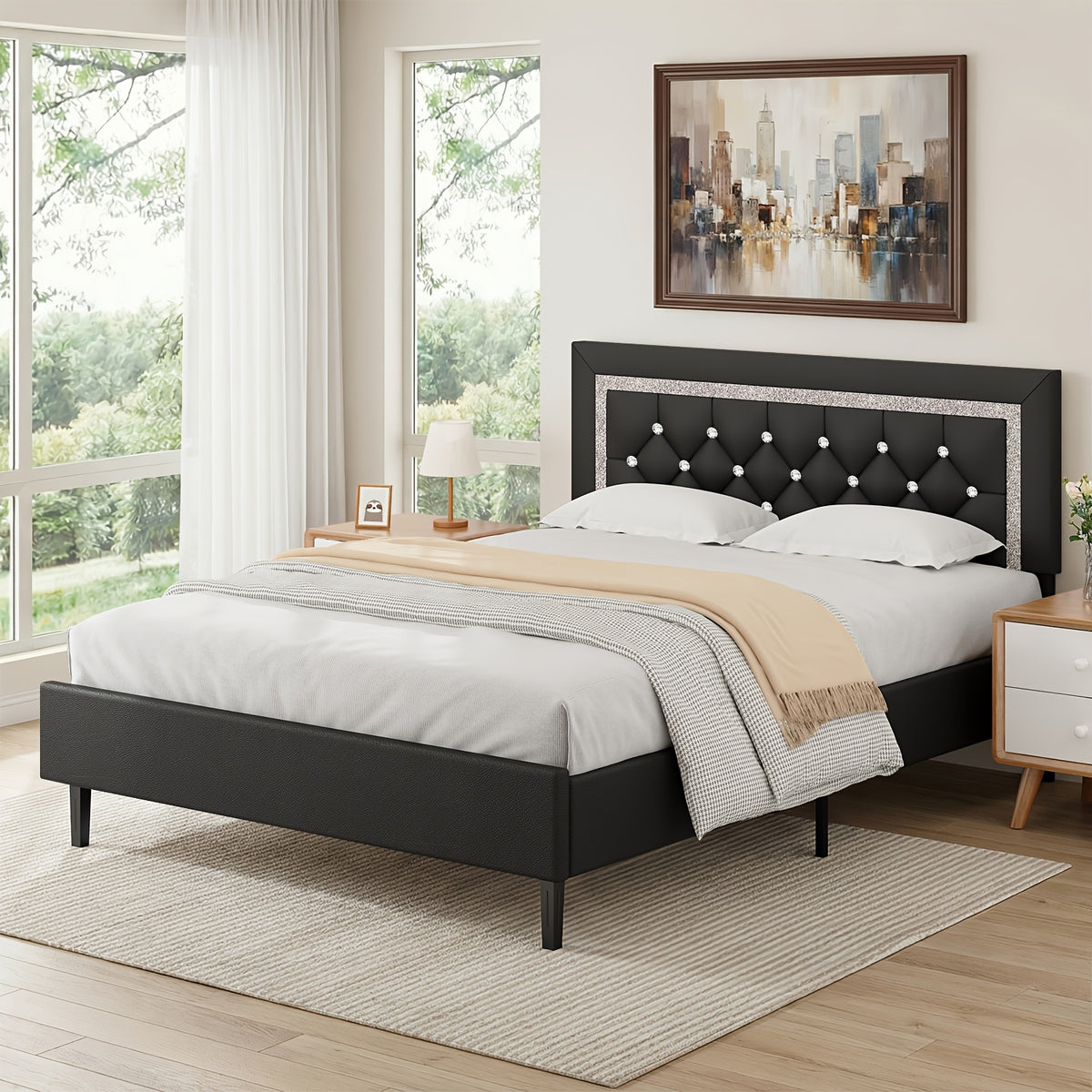 Princess Bed Frame with Diamond Headboard and Wooden Slat Support, Bedroom Furniture in White, Black or Pink with Twin, Full and Queen-1 Size Options
