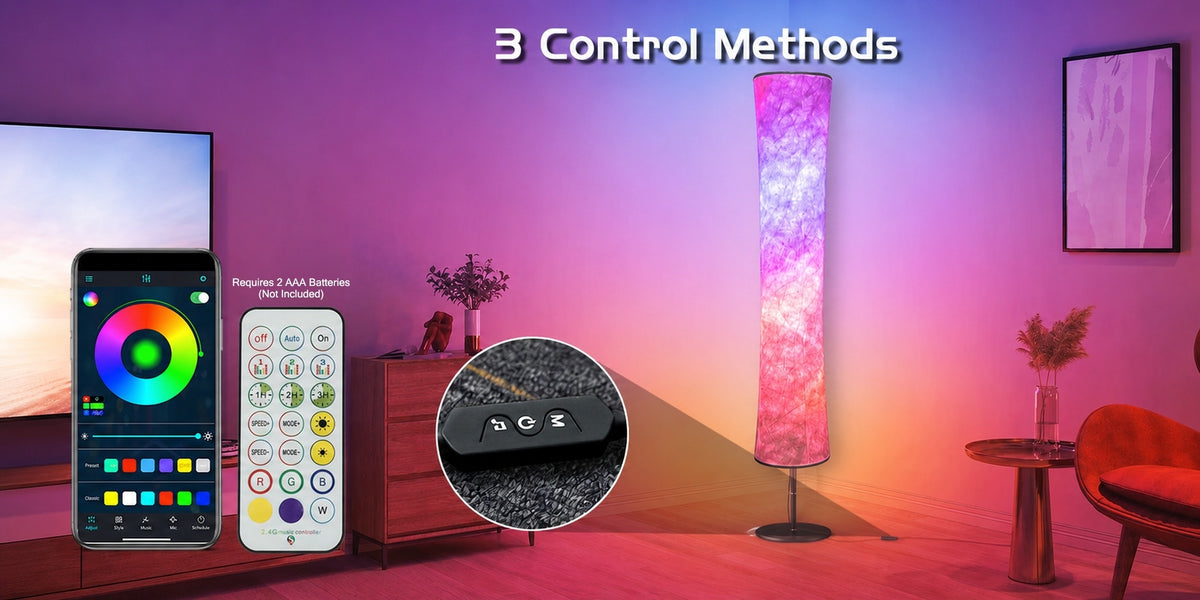 Smart LED Floor Lamp with White Fabric Shade, Music Sync, Color Scene Modes and App or Remote Control, 1pc or 2pcs for Living Rooms and Gaming Spaces