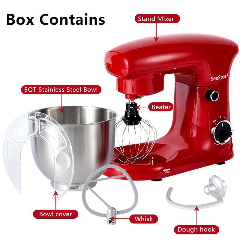 Tilt-Head Stand Mixer with 10 Speeds and Pulse Button, Stainless Steel Bowl, Dough Hook and Egg Mixer, 5L-Labeled Red, Silvery or Black Options for Home Baking