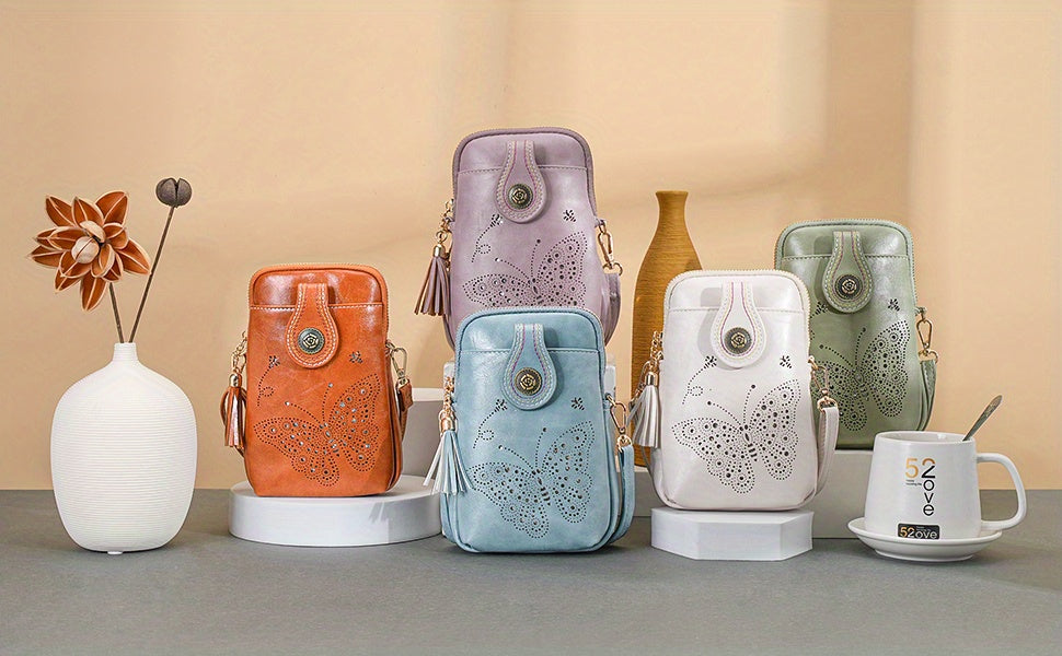 Butterfly Crossbody Phone Purse for Women with Shiny Pattern, Tassel, Adjustable Shoulder Strap and Zipper Closure in Five Colors for Everyday Outings