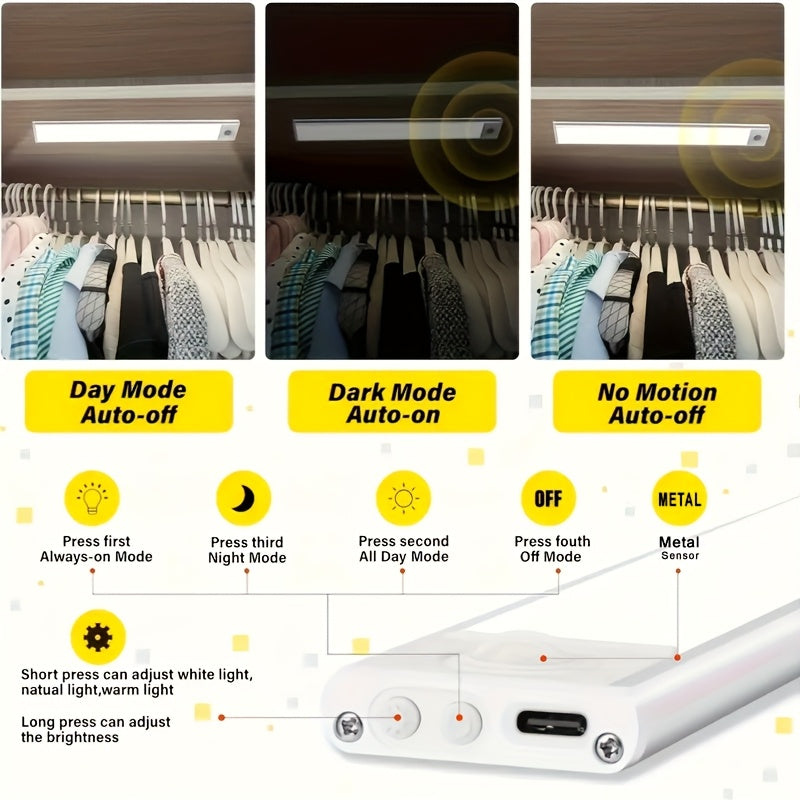 Motion Sensor Under Cabinet Lights with 3 Color Temperatures, USB-C Rechargeable Magnetic LED Bars in 20, 30 or 40cm and 1, 2 or 4-Pack Options
