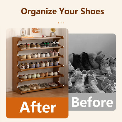 Freestanding Bamboo Shoe Organizer in Brown with Three, Five or Six Layers, Wood-Grain Footwear Storage Rack for Home Entryways, Hallways and Dorm Rooms