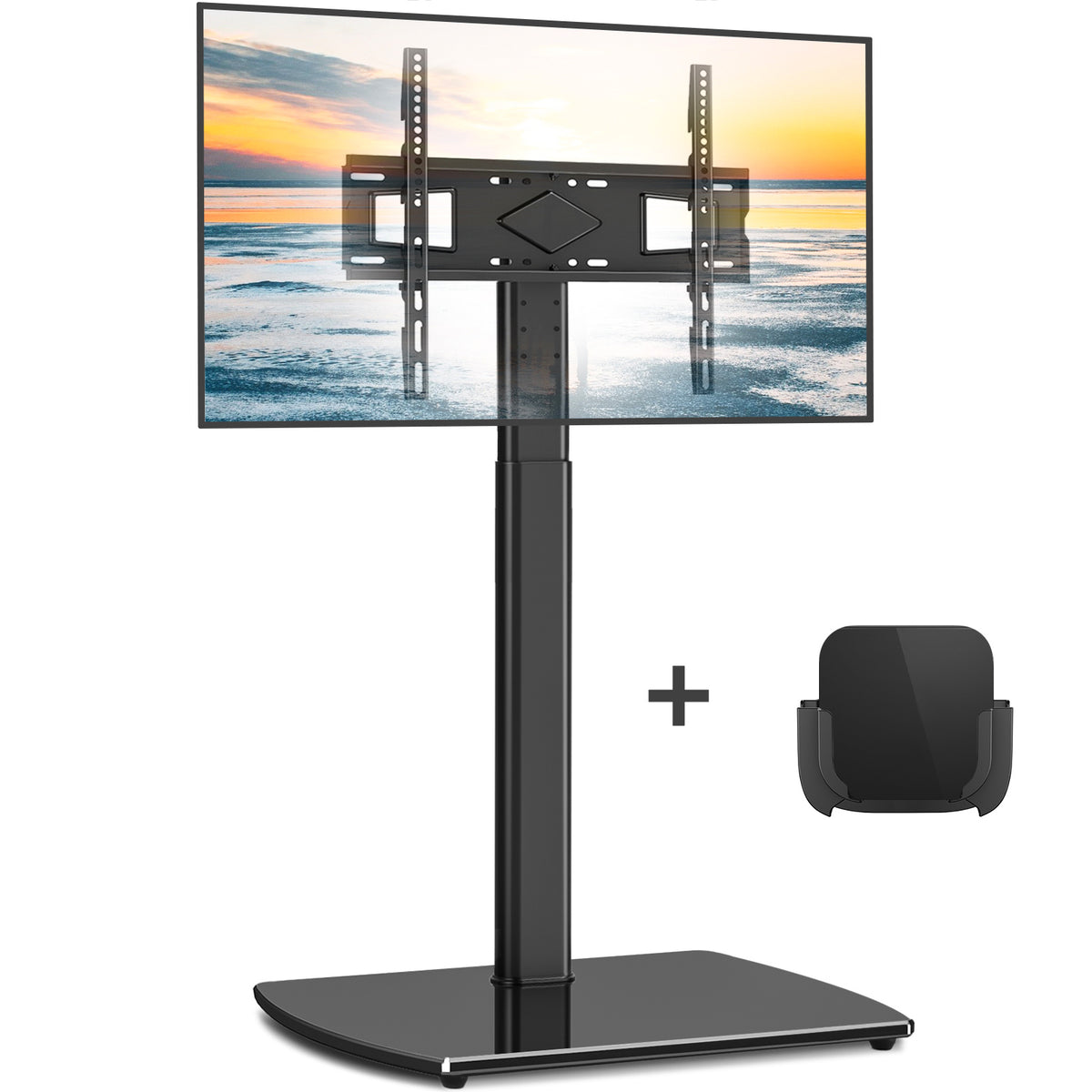 Swivel TV Floor Stand with Adjustable Height and Tempered Glass Base, Cable Management and Black or White Options for Compatible 32–65 Inch Television Setups